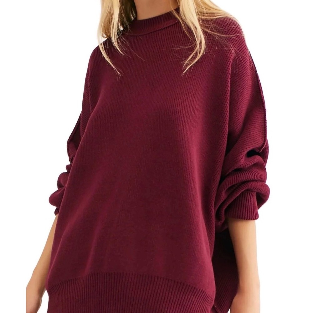Free People Easy Street Tunic Sweater Cranberry Red Oversized Mock Neck XS
